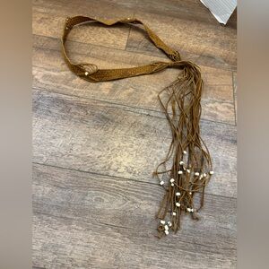 Bohemian-Style Braided Faux Leather Belt with Long Fringe Tassels w/ White Beads